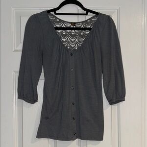 Poof! Charcoal Button-Down Top with Lace Detail